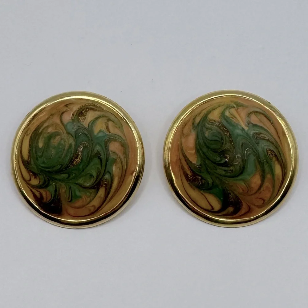 VINTAGE Large Round Marbled Enamel Earrings